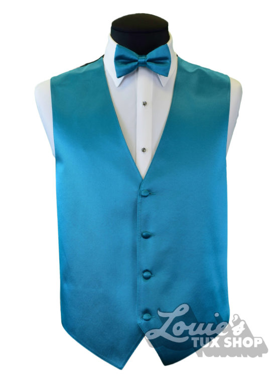 Vest Oasis Blue Peacock Regal Full Back Neck and bow Tie Scroll Tuxedo Wedding 